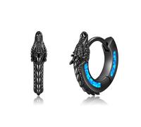 13mm Dragon Hoop Earrings Sterling Silver Black Opal Dragon Huggie Hoop Earrings Viking Punk Rock Jewelry Gift for Men