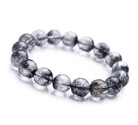 13mm Natural Black Rutilated Quartz Crystal Round Bead Stretch Bracelet