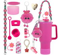 13PCS Accessories Set for Stanley Cup, Including Silicone Straw Cover Handle Strap Silicone Boot Spill Stopper Leak Stopper Flower Charms for 40/30oz Stanley Tumbler (Rose Red)