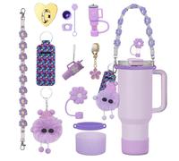 13PCS Accessories Set for Stanley Cup, Including Silicone Straw Cover Handle Strap Silicone Boot Spill Stopper Leak Stopper Flower Charms for 40/30oz Stanley Tumbler (Purple)