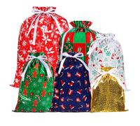 13Pcs Christmas Drawstring Gift Bags, Xmas Wrapping Bags with 6 Patterns Design, 4 Si