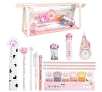 13PCS Cute Cat Paw Stationery Set, Kawaii Cartoon Mini Pencil Roller, Retractable Eraser, Correction Tape, Push Up Dotting Pens, Ruler, Sticky Notes, Highlighters for Cat Lovers