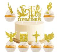 13pcs First Holy Communion Cake Topper Cross Gold Paper Cupcake Toppers Pattern Candle Bible Dessert Picks Cake Decoration for Communion Christening Baptism Baby Shower Birthday Party Wedding