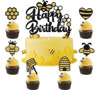 13Pcs Glitter Heart Honeycomb Cake Decoration - Bee Party Decorations for Kids Girls Boys Birthday Baby Shower - Honey Bee Themed Party Supplies Cake Decor