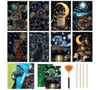 13PCS Night Sky Scratch Art Paper A4 Animal & Fantasy Designs, Rainbow Engraving DIY Art Set with Wooden Stylus and Cleaning Brush, Creative Painting & Drawing for Adults