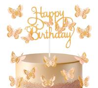 13pcs Orang Pink Butterfly Happy Birthday Cake Toppers,Glitter Butterfly Birthday Decorations for Girl Women,Personalised Cake Toppers Orange Cupcake Topper for Birthday Party Decorations Supplies