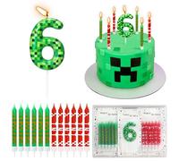 13PCS Pixel 6th Birthday Cake Candles, Number 6 Candle with Green & Red Long Thin Candles, Cartoon Gaming Theme Cake Topper Decorations for Boys Girls Video Game Party Anniversary Celebration Supplies