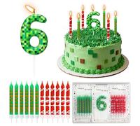 13PCS Pixel 6th Birthday Cake Candles, Number 6 Candle with Green Red Long Thin Candles, Gaming Theme Cake Topper Decorations for Boys Girls Video Game Party Anniversary Celebration Supplies