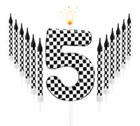 13pcs Racing Cars Birthday Candles, Black and White Checkered Candles Birthday Number Candle Cake Topper for Boys Kids Baby Shower Racing Car Theme Party Decoration Supplies (Number 5)