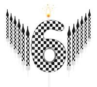 13pcs Racing Cars Birthday Candles, Black and White Checkered Candles Birthday Number Candle Cake Topper for Boys Kids Baby Shower Racing Car Theme Party Decoration Supplies (Number 6)