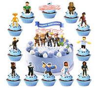 13pcs Rob Blue Game Birthday Cake Toppers, 1 Large Cake Decoration and 12pcs Cupcake Toppers for Video Game Fans, Happy Birthday Cake Decor for Kids Boy Girl