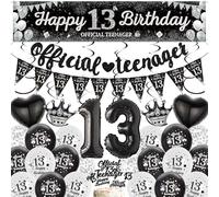13th Birthday Balloons Decorations for Boys - Black Silver Official Teenager Happy 13th Birthday Banner Pennant Bunting, Heart Star Number 13 Foil Balloons Cake Toppers Hanging Swirls for 13 Years Old