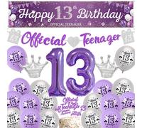 13th Birthday Balloons Decorations Girls - 31 Pieces Official Teenager Birthday Set Purple with Banner, Number 13 Balloon Backdrop Cake Topper for 13 Year Old Party
