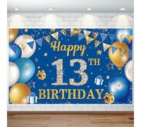 13th Birthday Banner - Large Size Blue & Gold for Boys & Girls - Happy 13th Birthday Backdrop Banner for 13 Years Old Anniversary Party Photo Prop Booth Background Deco