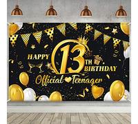 13th Birthday Black Gold Party Decoration, Extra Large Fabric Sign Poster Happy 13th Birthday Party Supplies, Official Teenager 13th Anniversary Backdrop Banner Photo Booth Background