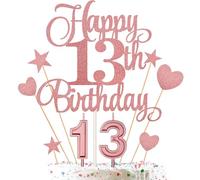 13th Birthday Cake Decorations Set Include Digital Candles 1&3 Numeral 13 Cake Candles and Happy 13th Birthday Cake Toppers with Heart Star Cupcake Picks for Birthday Party Supplies (Rose Gold Series)