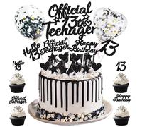 13th Birthday Cake Topper Decorations - Black Glitter Cupcake Toppers, Official Teenager Party Supplies, 21 Piece Set with Balloons for Thirteen-Year-Old Boys and Girls