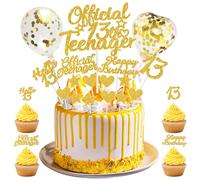 13th Birthday Cake Topper Decorations - Gold Glitter Cupcake Toppers, Official Teenager Party Supplies, 21 Piece Set with Balloons for Thirteen-Year-Old Boys and Girls