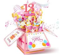13th Birthday Card 3D Pop Up Musical Birthday Card with LED Candle | Pink Birthday Gift Card for 13 Year Old Girl, Light Up Song Card with Gift Box and Envelope for Daughter Granddaughter