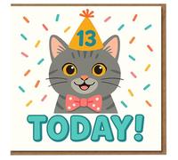 13th Birthday Card - Cute Cat with Party Hat, Bow Tie and Confetti - '13 Today!' Fun Kids Teen Cat Lover Card