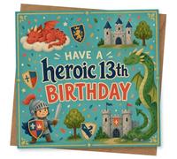 13th Birthday Card for Boy, Heroic Dragons, Castles & Shields | Celebrate his 13th with a medieval scene of dragons, castle towers, shield emblems and a brave young knight.