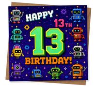 13th Birthday Card for Boy, Retro Pixel Robot Fun | Bold “HAPPY 13th BIRTHDAY” message in chunky arcade type, with colourful pixel robots, stars and cog shapes.
