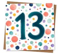 13th Birthday Card for Girl, Painted 13 & Bright Polka Dots | Large hand-painted number 13 surrounded by colourful polka dots-fresh, upbeat style for a teen’s 13th birthday for a Girl.
