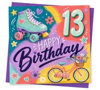 13th Birthday Card for Girl, Roller Skate & Bicycle Art | Fun 13th birthday vibes-big ‘Happy Birthday’ lettering with a pastel roller skate, bike and bright rainbow paint strokes.