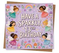 13th Birthday Card for Girl, Sparkly Fairies & Rainbow | Says “Have a Sparkly 13th Birthday”, with flying fairies, rainbows, stars, flowers and toadstools on a purple background.
