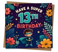 13th Birthday Card for Girl, Super 13, Hero & Florals | For a 13th: “Have a Super 13th Birthday” in comic lettering, framed by bright florals, leaves and starry confetti.