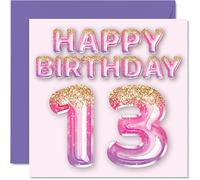 13th Birthday Card for Girls - Pink & Purple Glitter Balloons - Happy Birthday Cards for 13 Year Old Girl Daughter Sister Granddaughter Cousin, 145mm Greeting Cards Gift