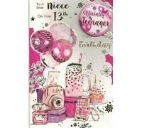 13th Birthday Card for Niece, Pink Glitter Design with Officially a Teenager Badge, Balloons & Cupcake, 9 x 6 Inch