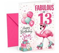 13th Birthday Card for Son, Bright Space Design | Large A5 Card with Printed Inside Message; Bright pink and teal for Son 13th Birthday