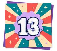 13th Birthday Card for Teenager, Retro Starburst 13 | Bold retro starburst rays with sparkle stars and a large number 13-bright, playful style for a 13th birthday teenager.