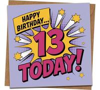 13th Birthday Card - Pop Art Comic Design, Happy Birthday 13 Today - 145mm Square Greeting Card with Kraft Envelope - For Teen Boy or Girl