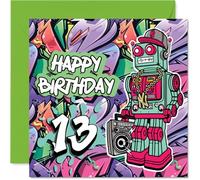 13th Birthday Cards for Boys - Wicked Graffiti Robot - Happy Birthday Card for 13 Year Old Boy Cousin Great Nephew Brother Godson, 145mm Bday Greeting Cards