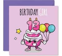 13th Birthday Cards for Girls - Birthday Cake Girl Balloons - Happy Birthday Card for 13 Year Old Girl Sister Step Daughter Niece Granddaughter, 145mm Bday Greeting Cards