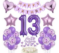 13th Birthday Decoration Purple Party Supplies Gift Balloon Set with Number 13 Foil Balloons Happy Birthday Banner Reusable Cake Topper Table Decor for Girls Boys 13 Years Celebration