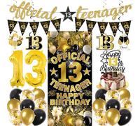 13th Birthday Decorations Balloon Banner - 28 Pcs Black Gold Banner Set | 28 PC Black Gold 13th Birthday Banner 13 Balloon Swirls Cake Topper