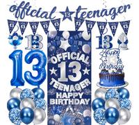 13th Birthday Decorations Balloon Banner - 28 Pcs Blue Silver Official Teenager Happy Birthday Banner Number 13 Foil Balloon Hanging Swirls Cake Topper for Girls Boys 13 Years Old Party Supplies