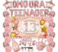 13th Birthday Decorations Balloon Set - 36 Pcs Rose Gold OMG UR A TEENAGER Balloons Banner Official Teenager 13th Birthday Backdrop Champagne Foil Balloon Cake Topper for Girls Party Supplies