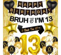 13th Birthday Decorations Balloons Banner - 28 Pcs Boys Black Gold Happy Birthday Banner Decorations Bruh I'M 13 Banners Curtain Backdrop Foil Balloons for 13 Years Old Boy Party Decor Supplies