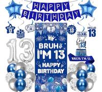 13th Birthday Decorations Balloons Banner - 32 Pcs Blue Silver Bruh I'm 13 Banner Number 13 Foil Balloon Hanging Swirls Cake Topper Sash for Boys Gilrs Official Teenager 13 Years Old Party Decor