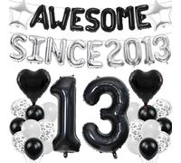 13th Birthday Decorations Balloons Boy - 33 Pcs Black Silver Banners Foil Letters Star Heart Number 13 Glamorous Confetti Balloons Set for Teenager Boys 13 Year Old Party Decor Supplies