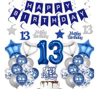 13th Birthday Decorations Balloons Boy - 34 Pcs Blue Silver Happy Birthday Banner Hanging Swirls Number 13 Heart Star Foil Balloons Cake Topper for Boys Girls Official Teenager Party Supplies