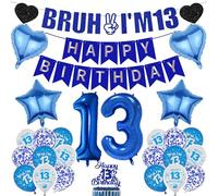 13th Birthday Decorations Balloons Boys - 27 Pcs Official Teenager Glitter Blue Bruh I'm 13 Happy Bday Banners Numbers Star Heart Foil Balloon Cake Topper Party Supplies for Thirteen Years Old Decor