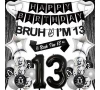 13th Birthday Decorations Balloons Boys - 28 Pcs Black Silver Happy Birthday Banner Decorations Bruh I'M 13 Banners Curtain Backdrop Foil Balloons for 13 Year Old Boy Party Decoration Supplies