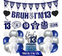 13th Birthday Decorations Balloons Boys - 28 Pcs Blue Bruh I'M 13 Banner Swirl Hangings Latex Confetti Balloons Sash Cake Topper for Kids Boy 13 Years Old Birthday Party Decor Supplies
