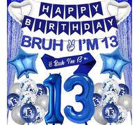 13th Birthday Decorations Balloons Boys - 28 Pcs Blue Silver Happy Birthday Banner Decorations Kit Bruh I'M 13 Banners Curtain Backdrop Foil Balloons for 13 Year Old Boy Party Decoration Supplies