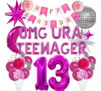 13th Birthday Decorations Balloons Kit - 51 Pcs Hot Pink Omg Ur A Teenager Balloon Banner Exploding Star Moon Disco Ball Pom Pom Flowers For 13 Year Old Girls Birthday Party Decoraion Supplies